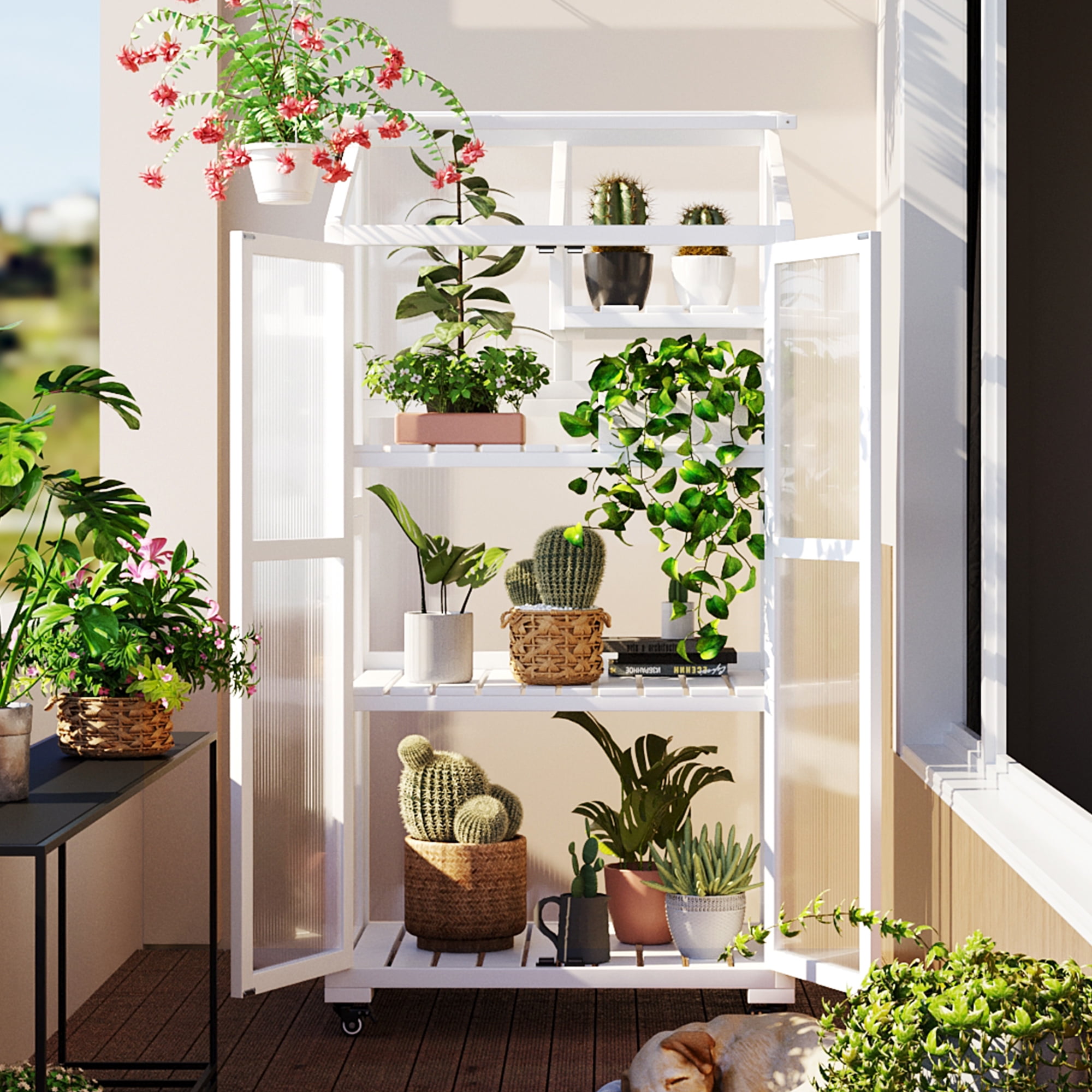 Euroco 62" Wood Large Portable Greenhouse with Wheels and Adjustable Shelves for Outdoor/Indoor Use