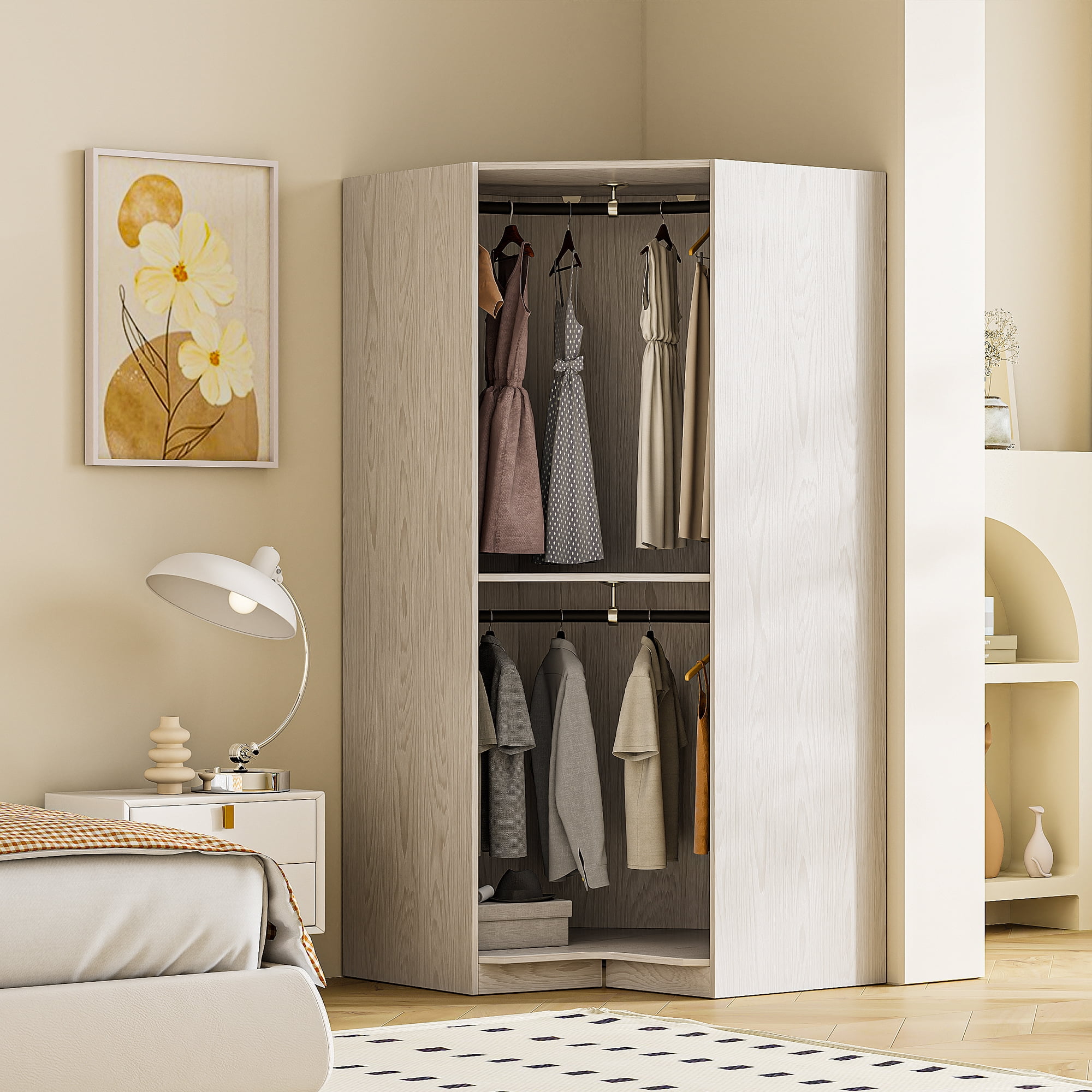 Euroco 63.6" Armoires, Modern Polygon Corner Wardrobe for Kids Adults, Natural