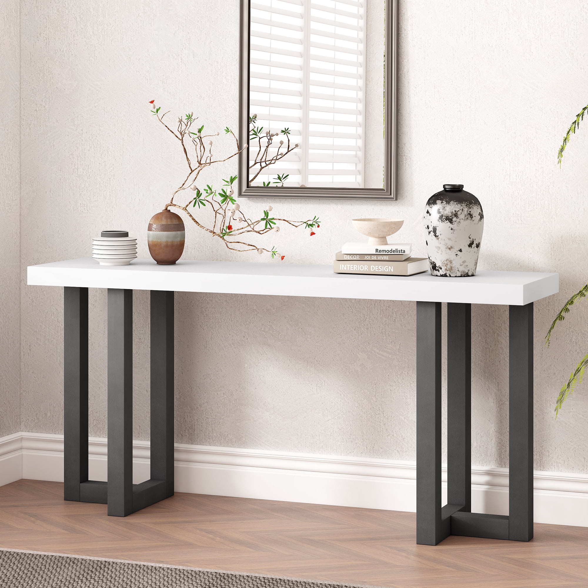 Euroco 63" Console Table, Narrow Sofa Table Behind Couch Entryway Table with Solid Wood Legs, Suitable for Entryway, Hallway, Living Room,Gray & White
