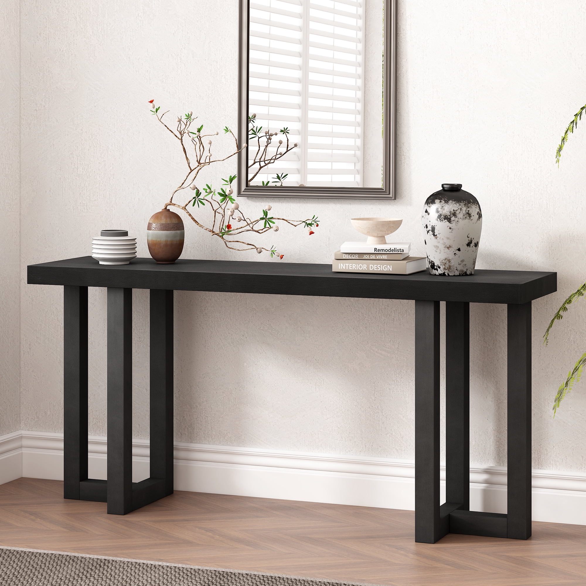 Euroco 63" Console Table, Narrow Sofa Table Behind Couch Entryway Table with Solid Wood Legs, Suitable for Entryway, Hallway, Living Room,Black