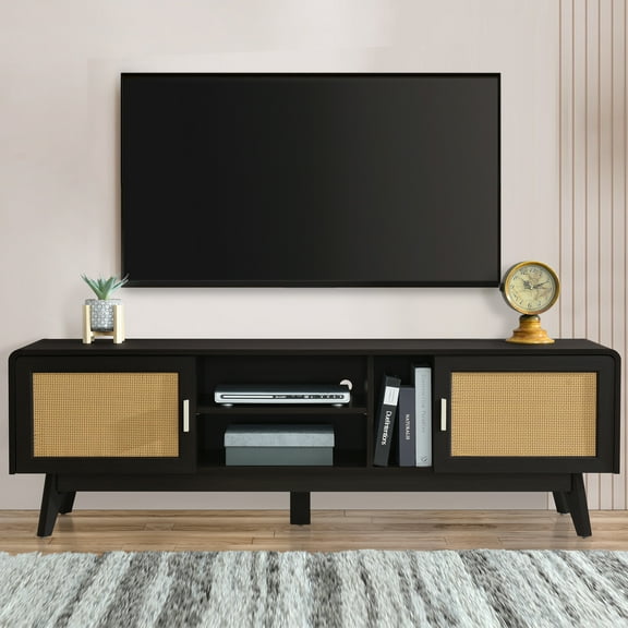 Euroco 63'' Dark Rattan TV Stand with 2 Storage Cabinets for 65 Inch TV, Entertainment Center with Solid Wood Legs, Media Console Table for Living Room, Bedroom
