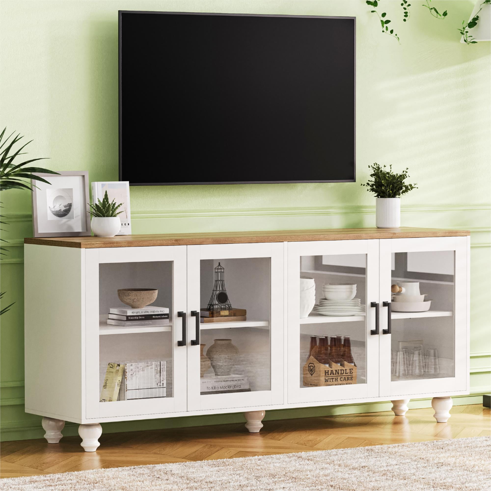 Euroco 63" Farmhouse TV Stand with Glass Doors & Adjustable Shelves, Buffet Sideboard Console with Solid Wood Gourd Legs, Vintage Display Cabinet for TVs up to 70", Living Room or Dining Room
