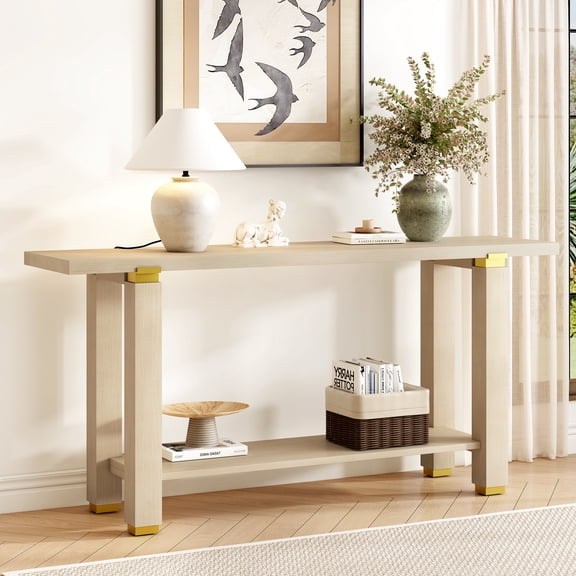 Euroco 63" Long Console Table, Solid Wood Narrow Sofa Table Behind Couch with Bottom Shelf,Modern Entryway Table for Hallway Living Room,Gray