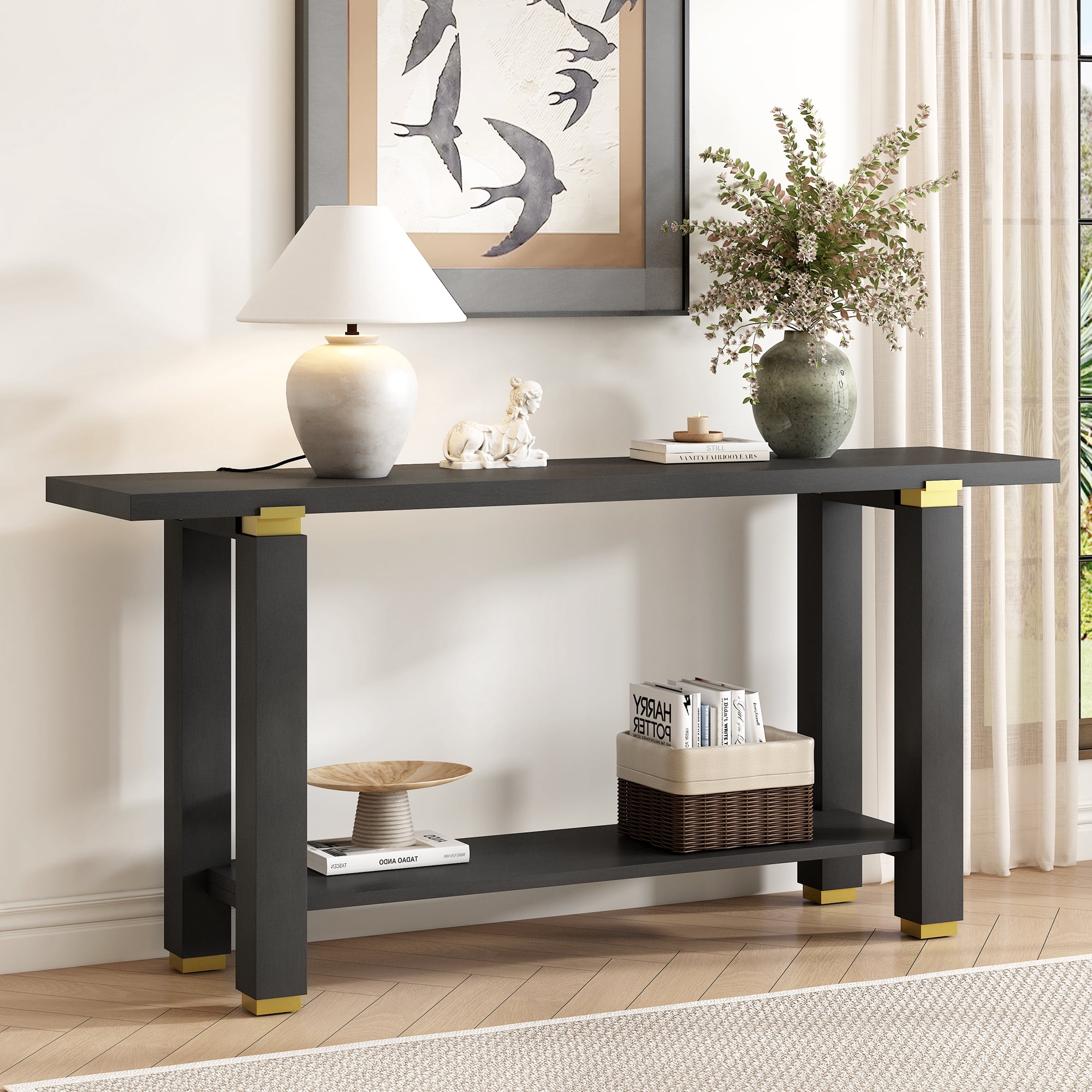 Euroco 63" Long Console Table, Solid Wood Narrow Sofa Table Behind Couch with Open Shelf,Modern Entryway Table for Hallway Living Room,Black