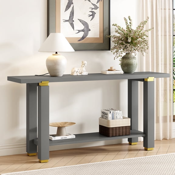 Euroco 63" Long Console Table, Solid Wood Narrow Sofa Table Behind Couch with Open Shelf,Modern Entryway Table for Hallway Living Room,Gray