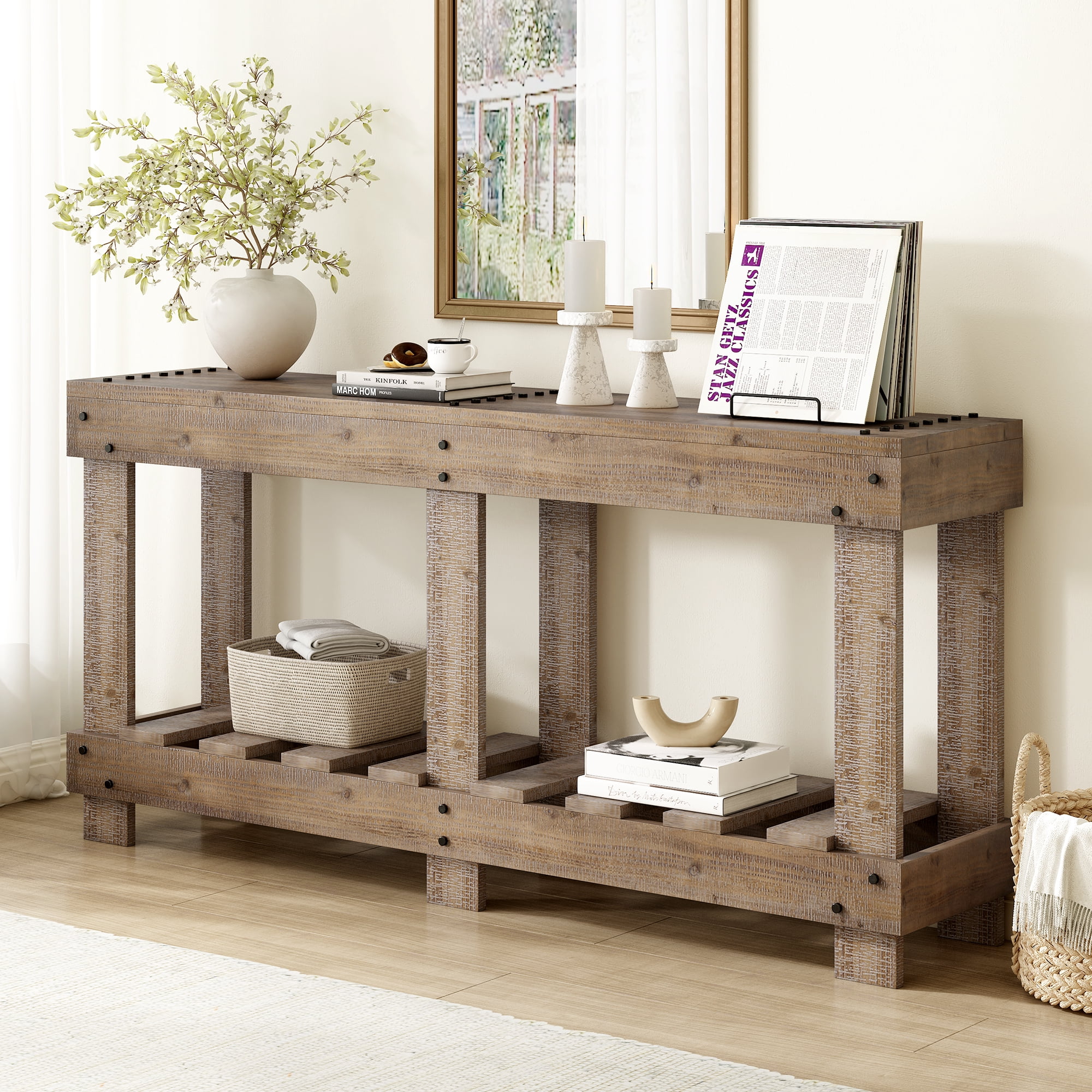 Euroco 63" Long Console Table, Wood Entryway Table with Plank Under-Shelf and 6 Reinforced Legs, Sofa Table for Hallway Living Room,Natural