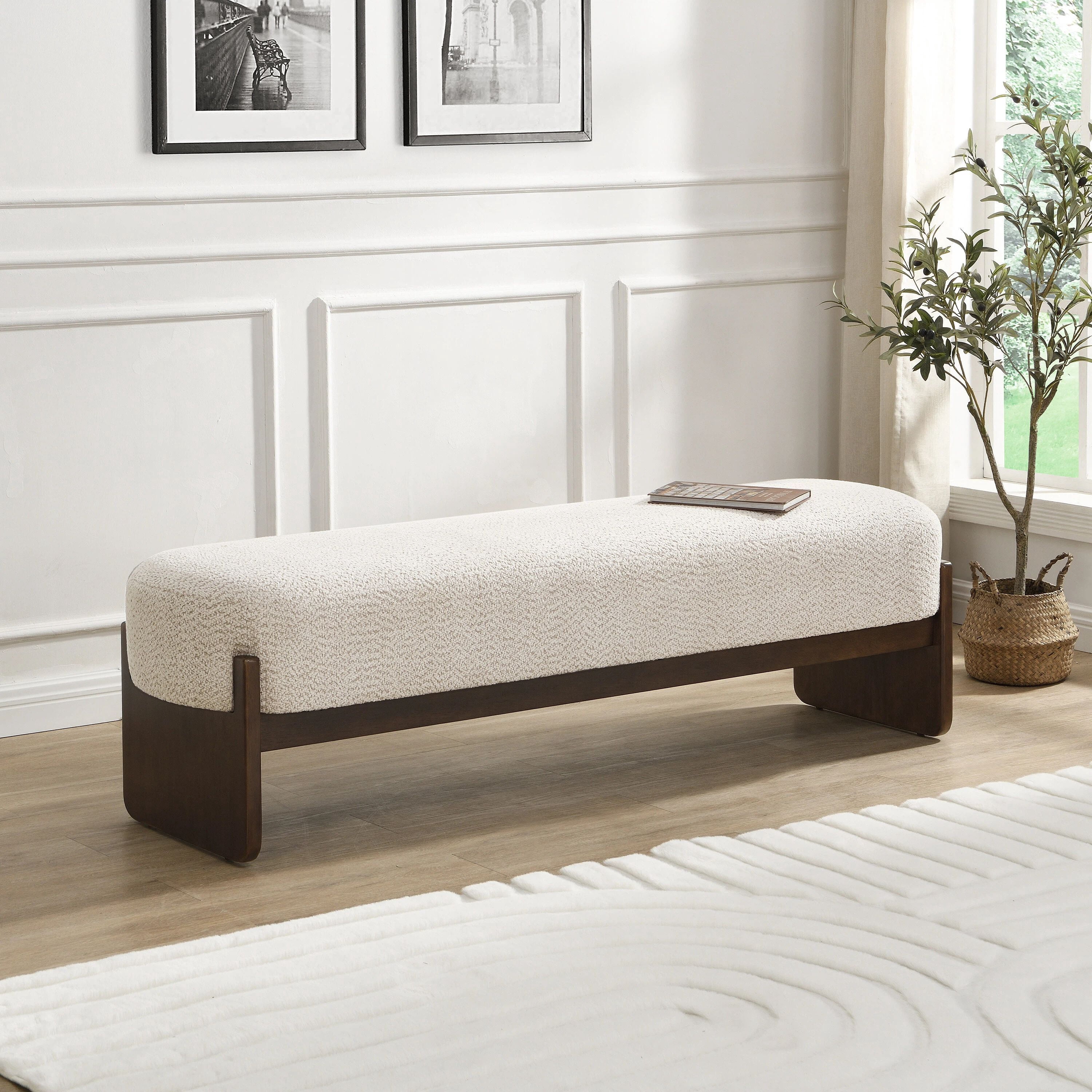 Euroco 64" Rectangular Loop Yarn Fabric Ottoman Bench,Entryway Bench, End of Bed Bench for Living Room, Bedroom,Beige