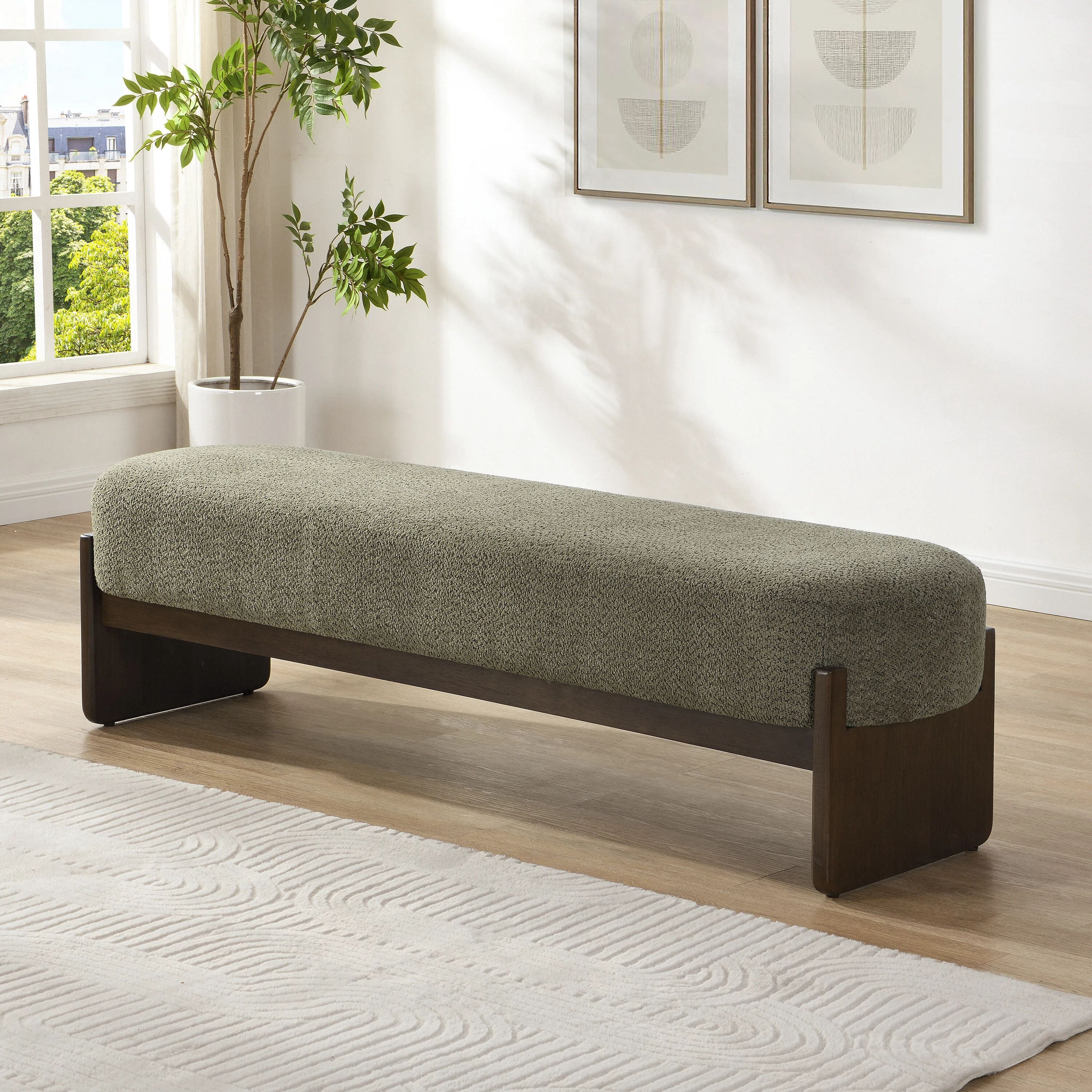 Euroco 64" Rectangular Loop Yarn Fabric Ottoman Bench,Entryway Bench, End of Bed Bench for Living Room, Bedroom,Dark Green