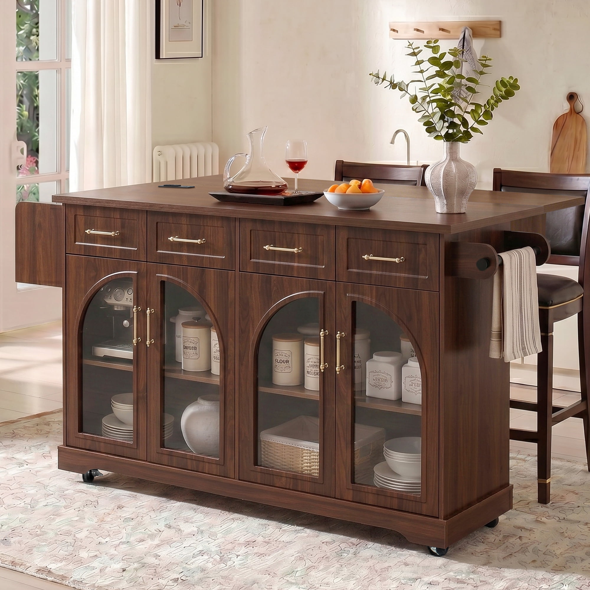 Euroco 65" Kitchen Island with Storage & Drop Leaf, Rolling Kitchen Cart on Wheels with Arched Glass Doors,4 Drawers, Spice Rack & Towel Rack,Portable Island Table for Dining Room,Walnut Brown