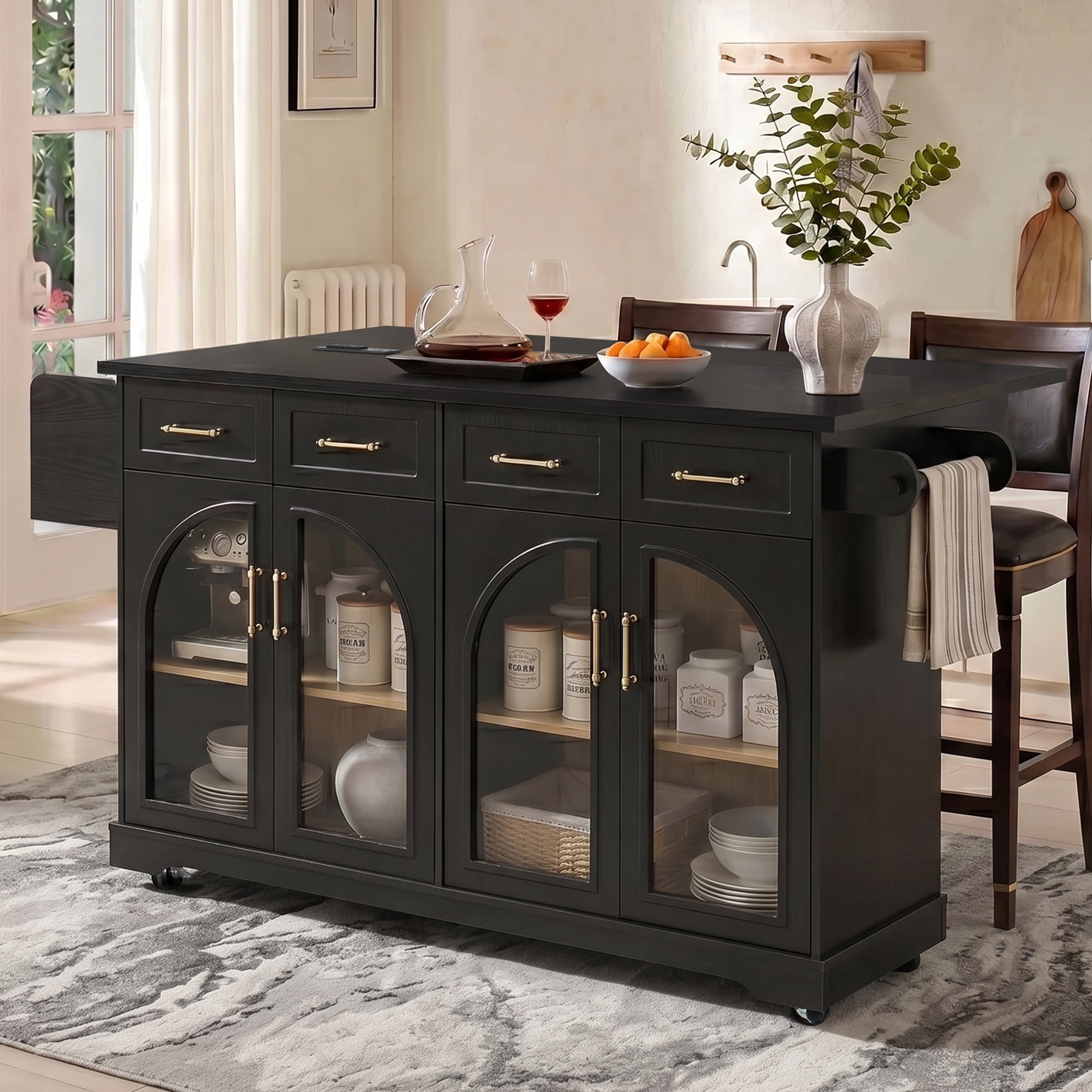 Euroco 65" Kitchen Island with Storage & Drop Leaf, Rolling Kitchen Cart on Wheels with Arched Glass Doors,4 Drawers, Spice Rack & Towel Rack,Portable Island Table for Dining Room,Black