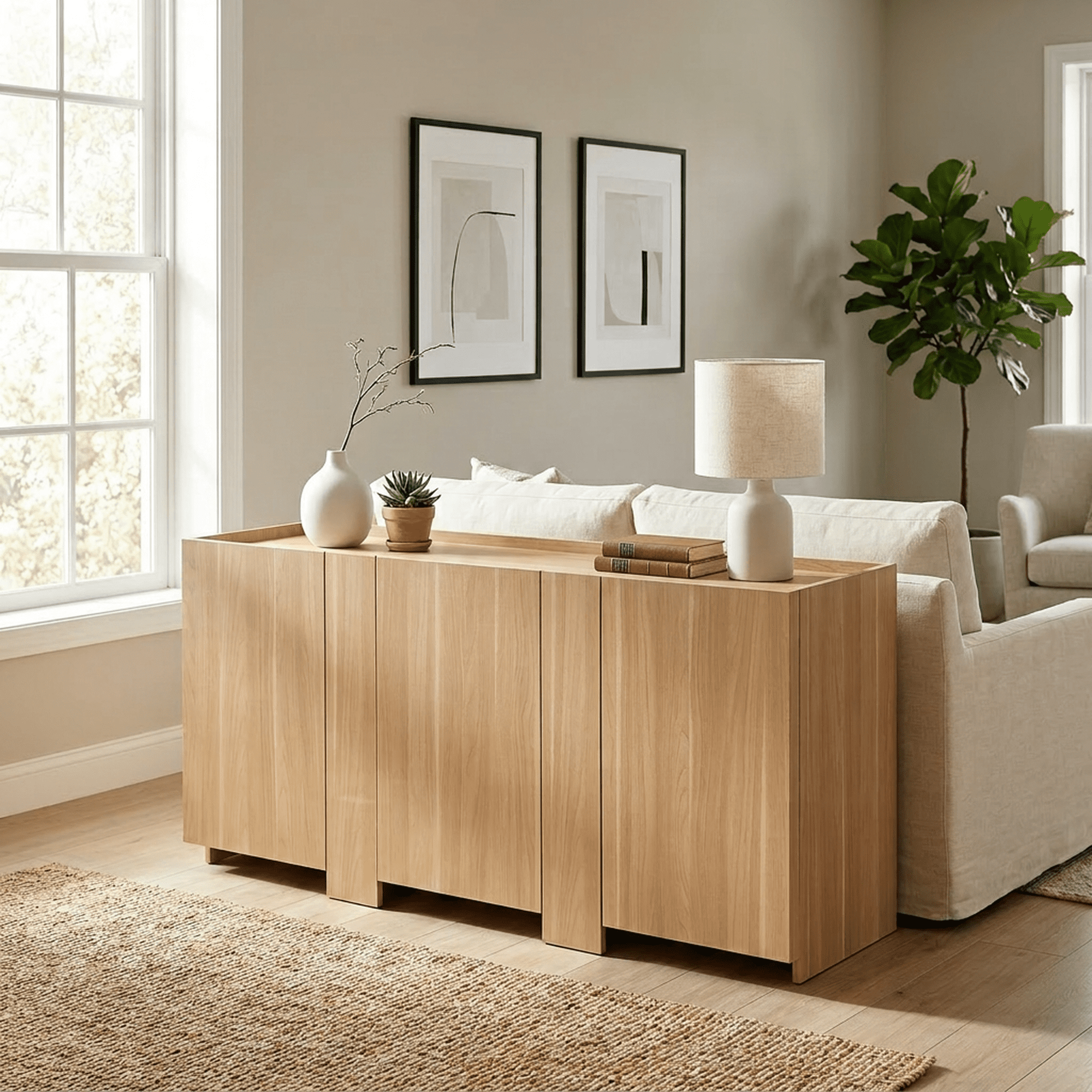 Euroco 65" Large Buffet Cabinet with Storage, Modern Sideboard Coffee Bar Cabinet with 3 Doors and Wooden Frame for Kitchen Living Room,Light Oak