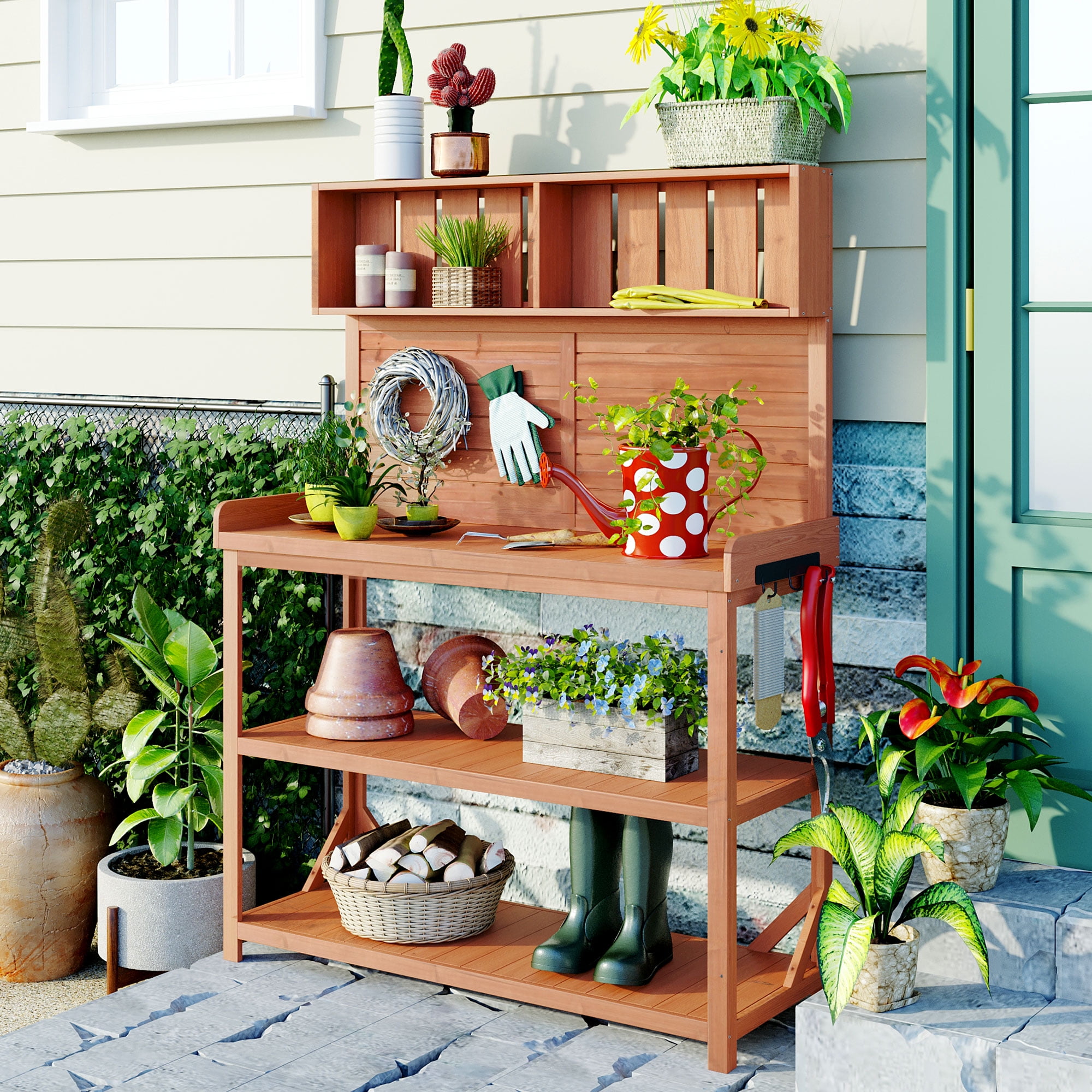 Euroco 65" Large Wooden Farmhouse Rustic Outdoor Potting Bench Table, Patio Workstation, Garden Potting Bench with 4 Storage Shelves and Side Hook