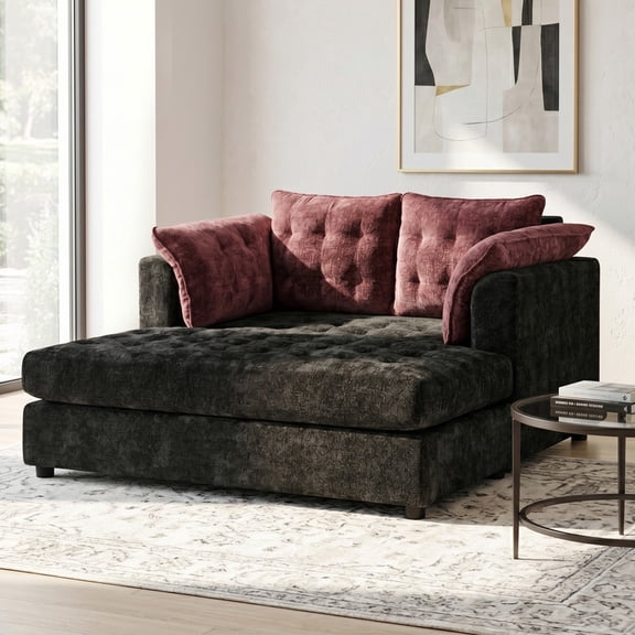 Euroco 66.5" Oversized Chaise Lounge Chair Indoor, Plush Chenille Upholstered Sofa Bed with Deep Seat & Soft Pillow Armrests,Comfy Sleeper Sofa Couch for Living Room Bedroom,Red Black