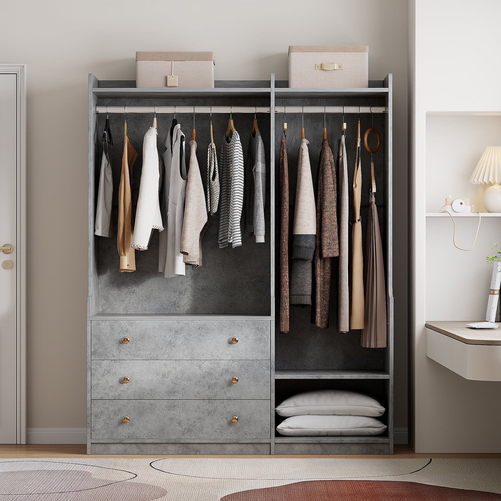 Euroco 66.9" Armoires, Open Three Tire Wardrobe with Drawers, Gray