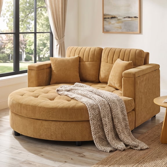 Euroco 66.9" Oversized Chaise Lounge Chair Indoor,Cloud Plush Chenille Floor Sofa Bed with Deep Seat,Storage Arms & Removable Pillows,Modern Upholstered Sofa Couch for Living Room,Yellow