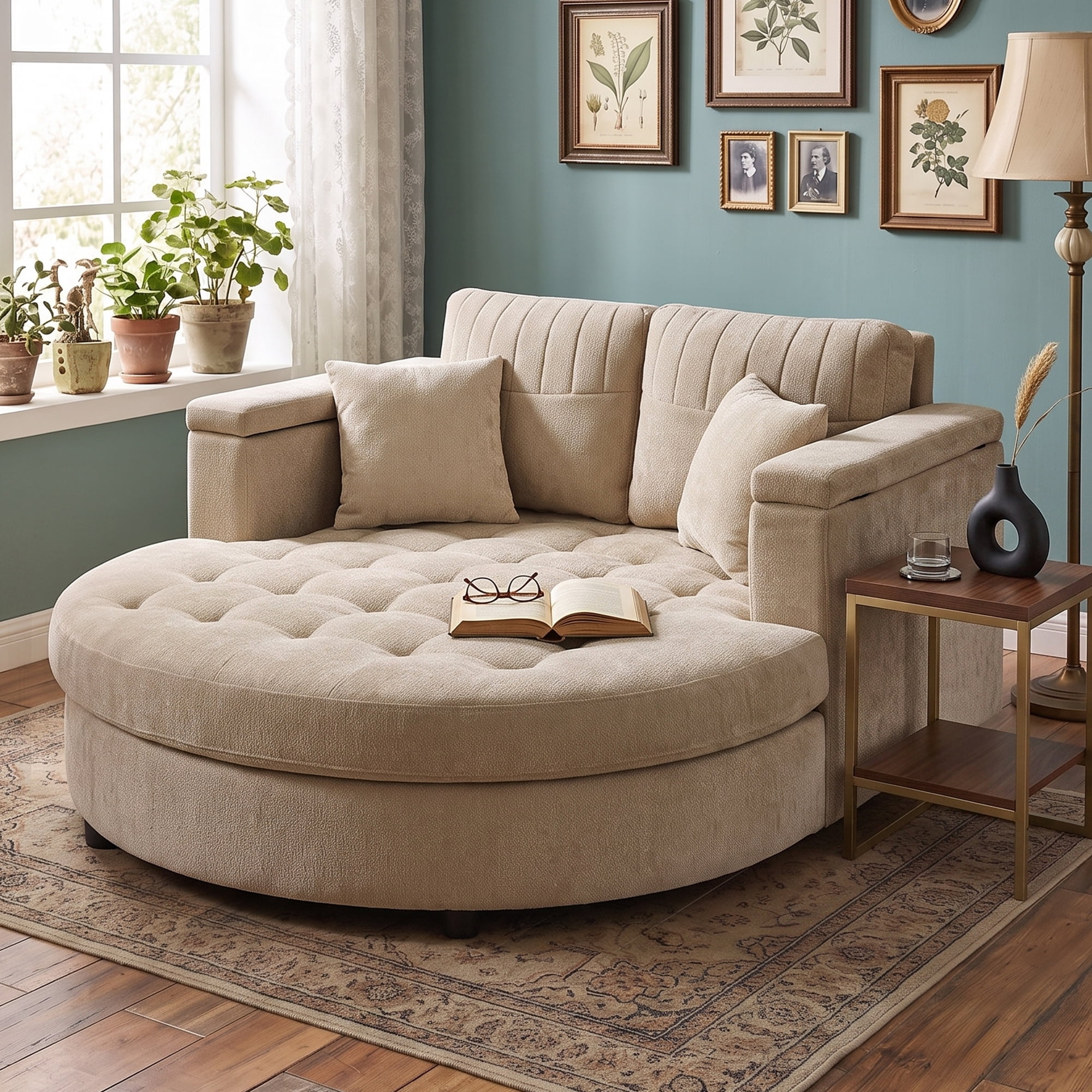 Euroco 66.9" Oversized Chaise Lounge Chair Indoor,Cloud Plush Chenille Floor Sofa Bed with Deep Seat,Storage Arms & Removable Pillows,Modern Upholstered Sofa Couch for Living Room,Khaki