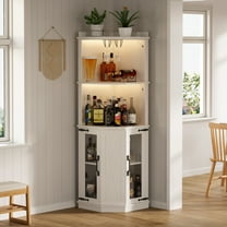 Euroco 67.3" Corner Bar Cabinet with Power Outlet, Farmhouse Wine Bar Cabinet with Adjustable Shelves for Home,with Lights & Glass Rack for Dining Room, Living Room, Kitchen