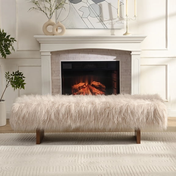 Euroco 67" Long-haired Faux Wool Ottoman Bench,Rectangular Entryway Bench, End of Bed Bench for Living Room, Bedroom