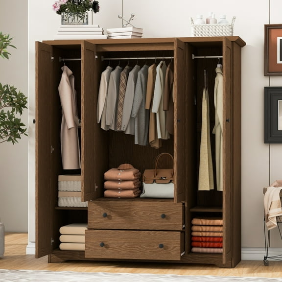 Euroco 68.5" 4-Door Armoire with Drawers and Shelves, Wood Wardrobe Closet, Brown