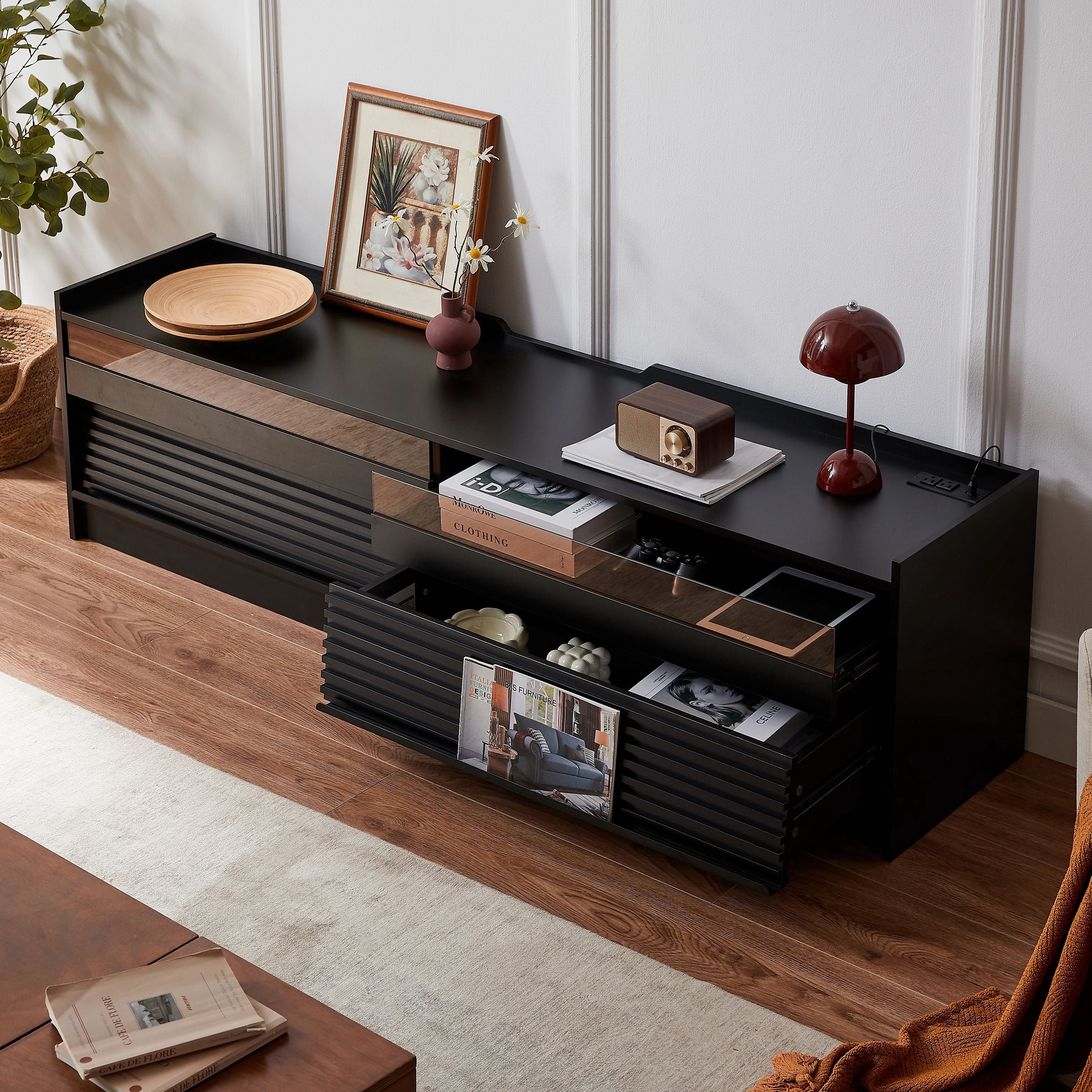 Euroco 68.9" TV Stand for TVs up to 79 Inches,Wood TV Cabinet with 4 Drawers,Tempered Glass,LED Lights & Charging Station,Modern Entertainment Center for Living Room,Black