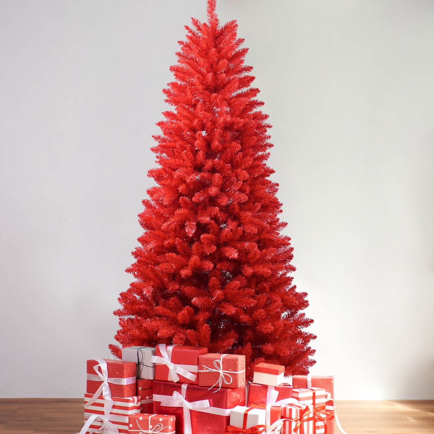 Euroco 6FT Red Christmas Tree – Pure Red PVC Tree with 804 Tips, Hinged Branches for Easy Setup, Stable Metal Stand, Bold Holiday Decoration