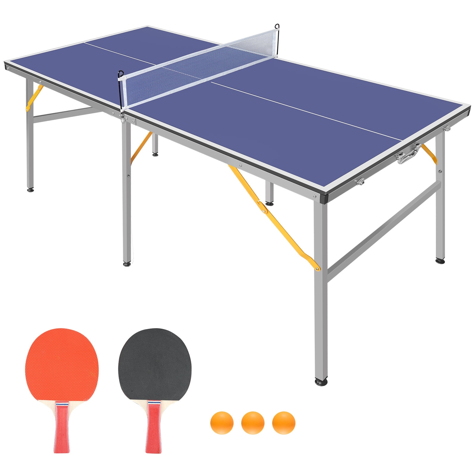 6ft Mid-Size Table Tennis Table Foldable & Portable Ping Pong Table Set for  Indoor & Outdoor Games with Net, 2 Table Tennis Paddles and 3 Balls