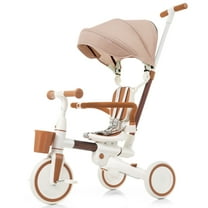 Euroco 7 in 1 Baby Tricycle,Foldable Toddler Trike with Adjustable Parent Handle,Removable Pedal, Canopy & Guardrail,Balance Bike with Backrest and Safety Belt for 1-6 Year Old Boys Girls,Ivory