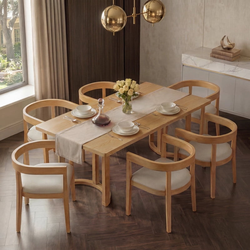 Euroco 7 Piece Dining Table Set for 6, Kitchen Dining Room Furniture with 6 Upholstered Curved Back Chairs, 59" Rectangular Kitchen Table Set for Apartment Small Space,Natural