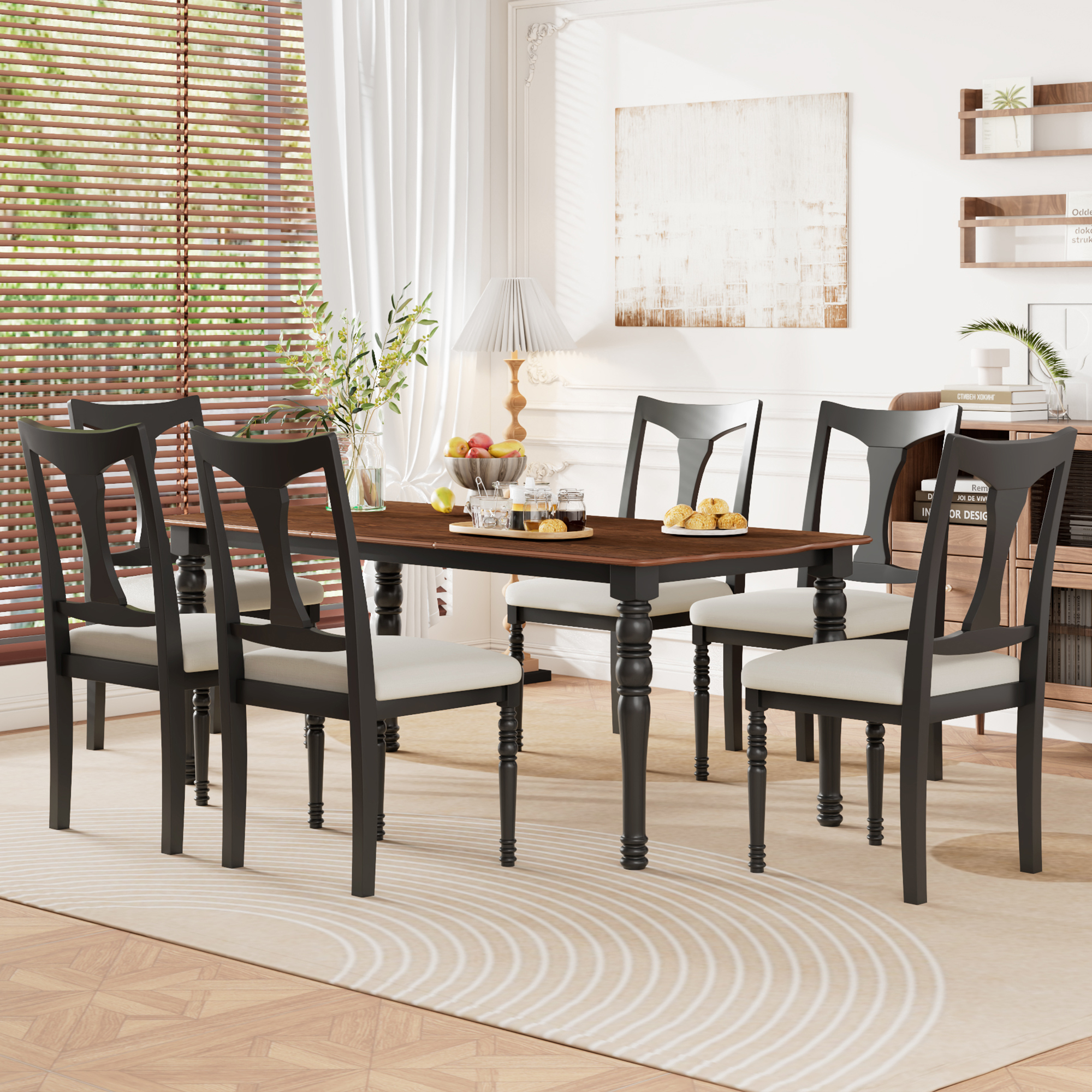Euroco 7-Piece Dining Table Set,Extendable Wood Kitchen Table with Removable Leaf and 6 Upholstered Side Chairs for 6,Black & Brown