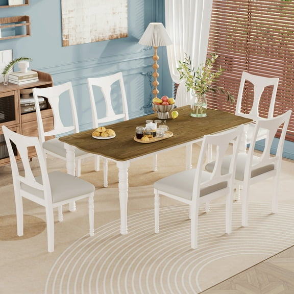 Euroco 7-Piece Dining Table Set,Extendable Wood Kitchen Table with Removable Leaf and 6 Upholstered Side Chairs for 6,Natural & White