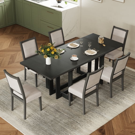 Euroco 7-Piece Extendable Dining Table Set for 6, 82" Large Kitchen Table with 6 Upholstered Dining Chairs and 2 Removable Leaves for Kitchen Dining Room,Grey Beige