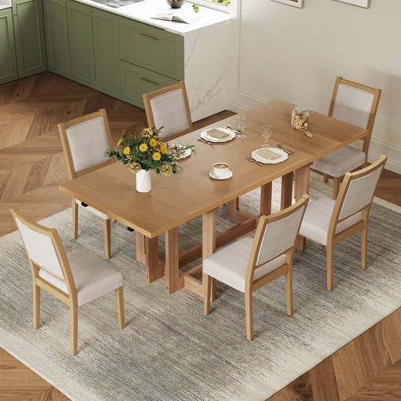 Euroco 7-Piece Extendable Dining Table Set for 6, 82" Large Kitchen Table with 6 Upholstered Dining Chairs and 2 Removable Leaves for Kitchen Dining Room,Natural+Beige