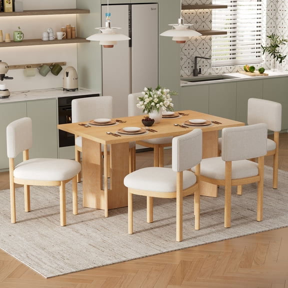 Euroco 7 Piece Farmhouse Dining Table Set for 6, 60" Rectangular Kitchen Table with Cutout Table Legs and 6 Upholstered Chairs,Wood Dining Furniture Set for Kitchen Living Room,Natural