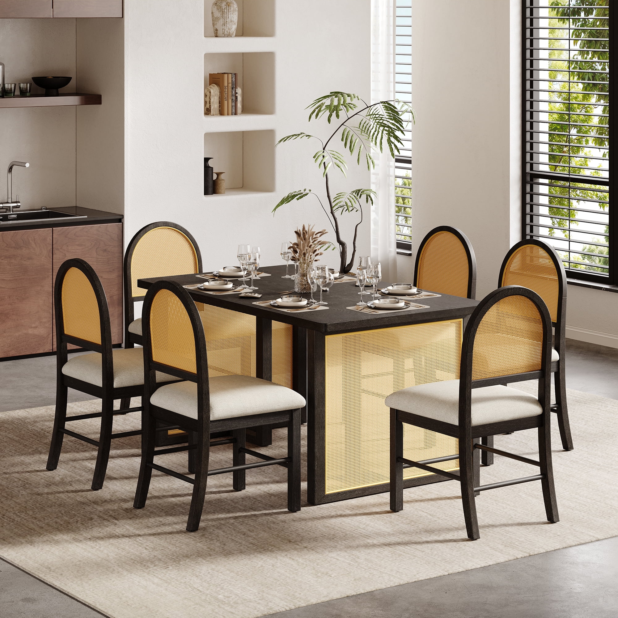 Euroco 7-Piece Farmhouse Dining Table Set for 6, 59.8" Solid Wood Rectangular Kitchen Table with 6 Rattan Chairs & L Shaped Legs,Kitchen Furniture Set for Dining Room,Espresso