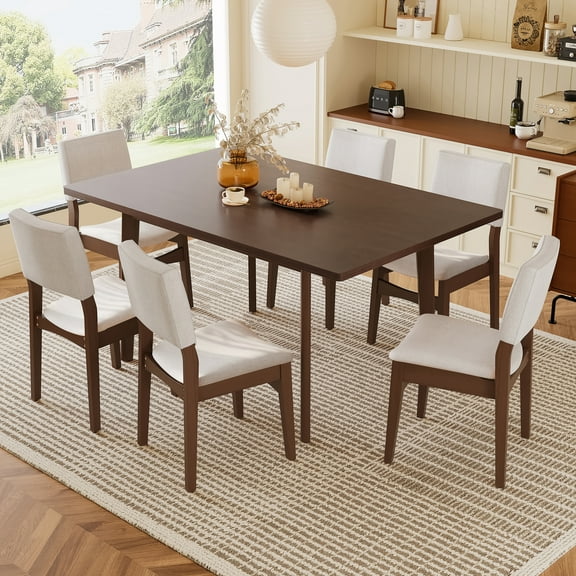 Euroco 7-Piece Mid Century Modern Dining Set for 6, Dining Room Table with 4 Upholstered Chairs and Solid Wood Frame for Kitchen/Dining Room/Home, Dark Walnut