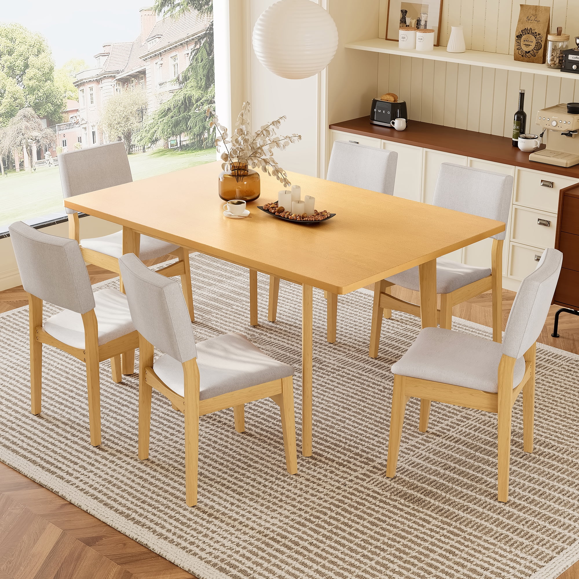 Euroco 7-Piece Mid Century Modern Dining Set for 6, Dining Room Table with 4 Upholstered Chairs and Solid Wood Frame for Kitchen/Dining Room/Home, Natural