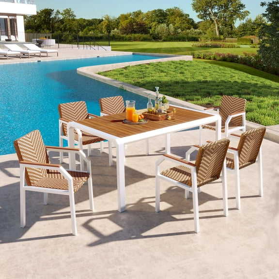 Euroco 7-Piece Outdoor Patio Dining Set, Wicker Rattan Furniture with Acacia Wood Tabletop, 6 Chairs, for Garden & Backyard