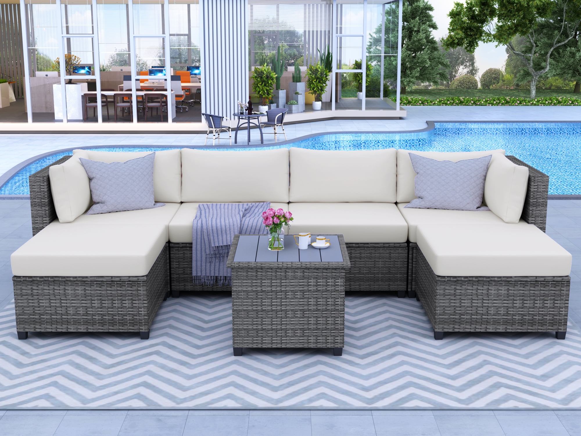 Euroco 7 Piece Rattan Sectional Seating Group with Cushions, Outdoor