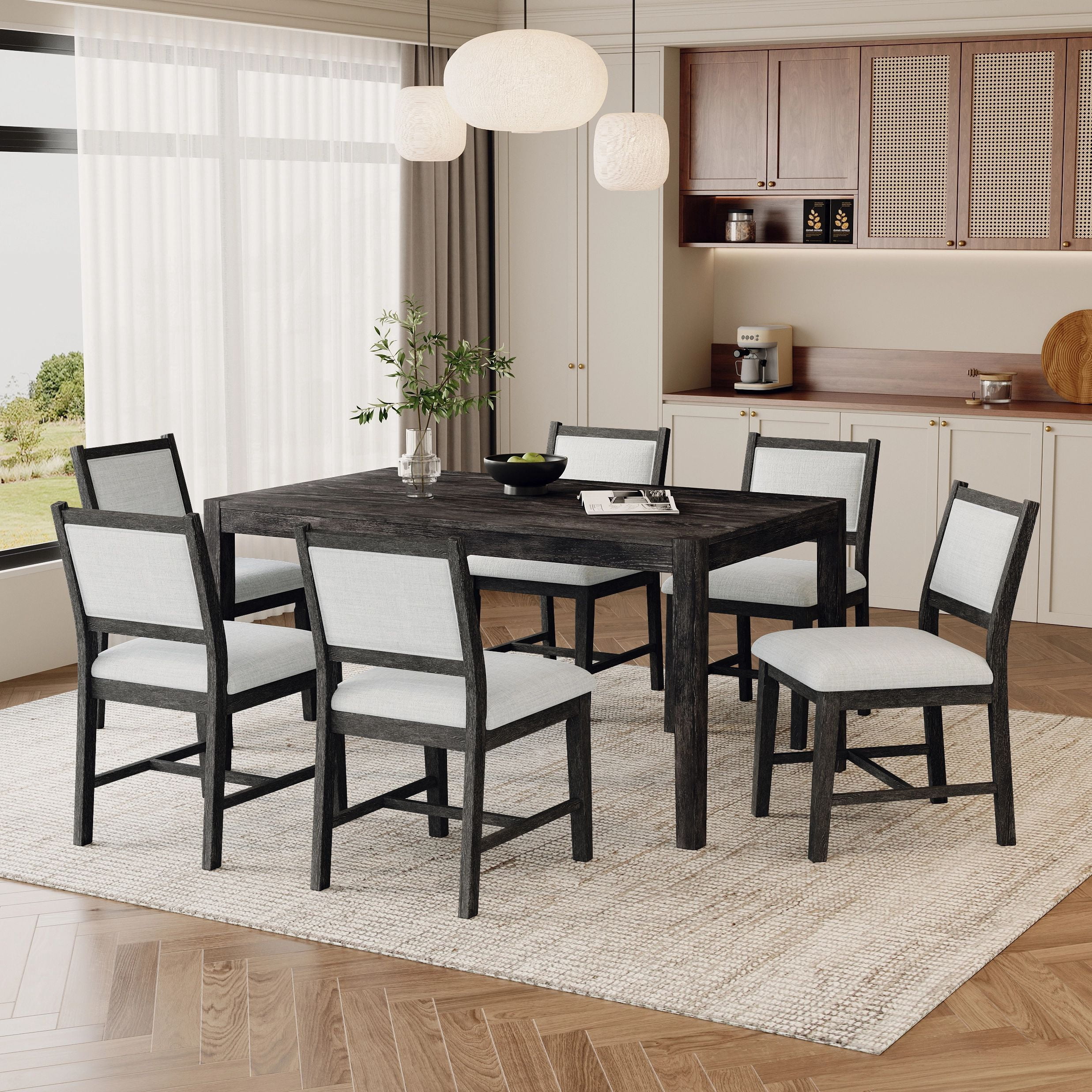 Euroco 7-Piece Retro Dining Table Set for 6,Rectangular Wood Dining Table & 6 Chairs Set for Kitchen Living Room,Espresso