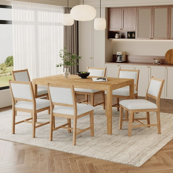 Euroco 7-Piece Retro Dining Table Set for 6,Rectangular Wood Dining Table & 6 Chairs Set for Kitchen Living Room,Natural