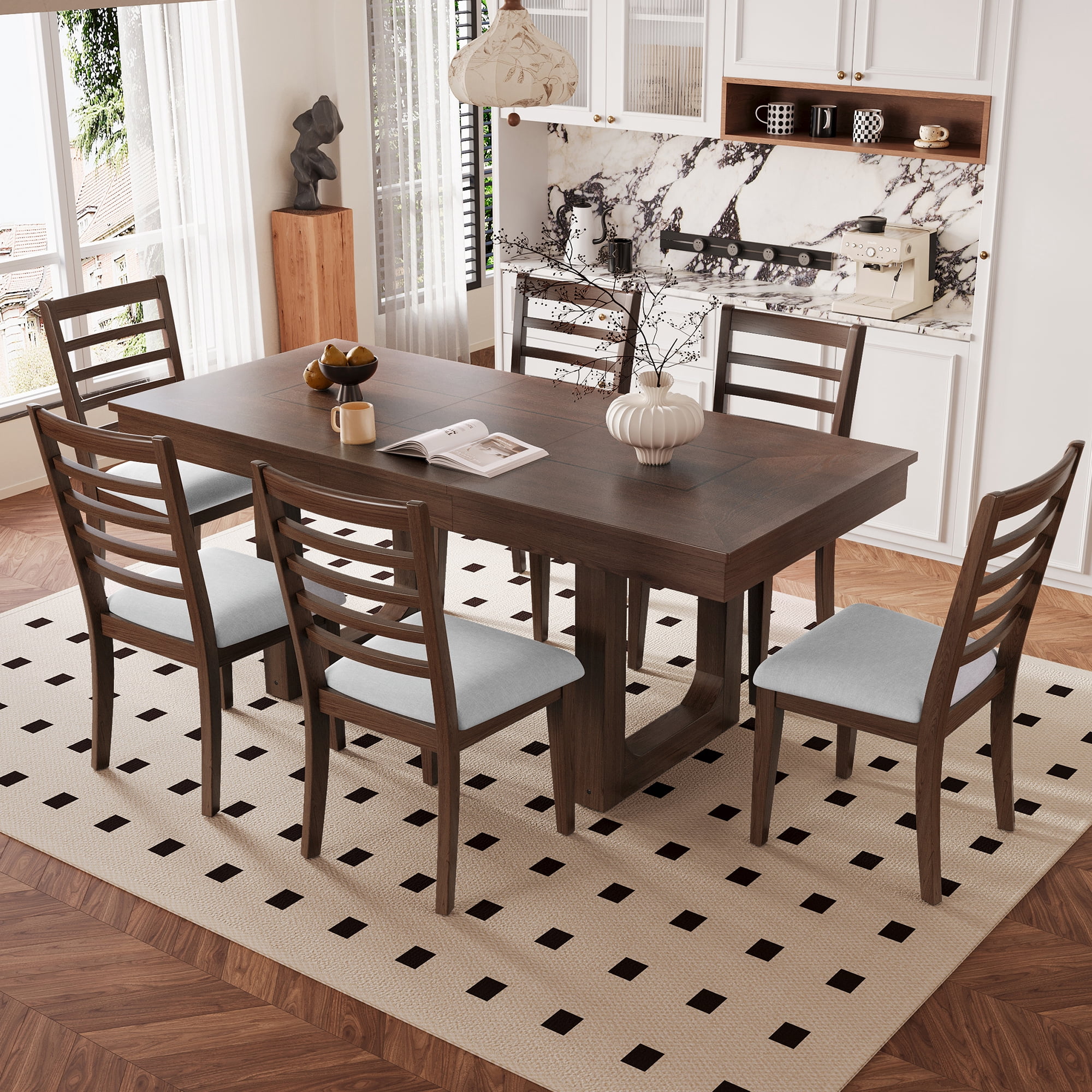 Euroco 7-Piece Wooden Dining Table Set,78" Extendable Dining Table & Chairs Set with 18" Leaf for 6-8,Farmhouse Kitchen Table Set for Dining Room,Brown