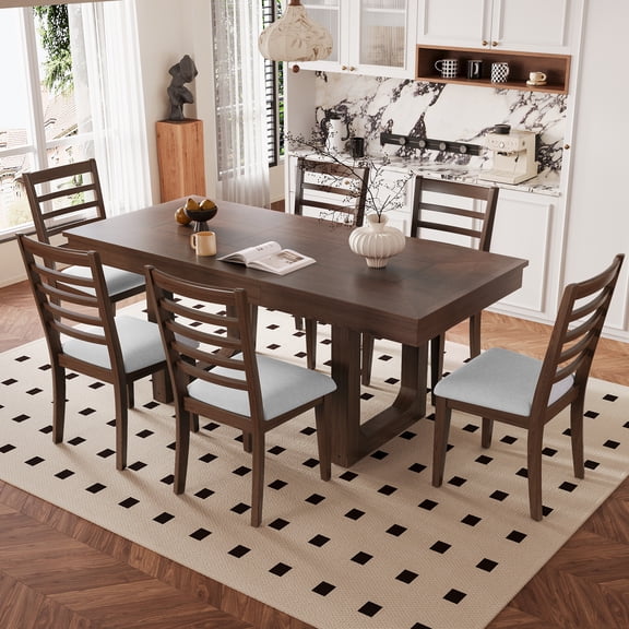 Euroco 7-Piece Wooden Dining Table Set,78" Extendable Dining Table & Chairs Set with 18" Leaf for 6-8,Farmhouse Kitchen Table Set for Dining Room,Brown