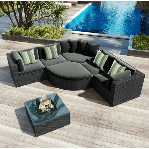 Euroco 7 Pieces Patio Conversation Set, Outdoor Sectional Wicker Sofa Set with Pillows,Outdoor Patio Set for Garden, Deck, Gray