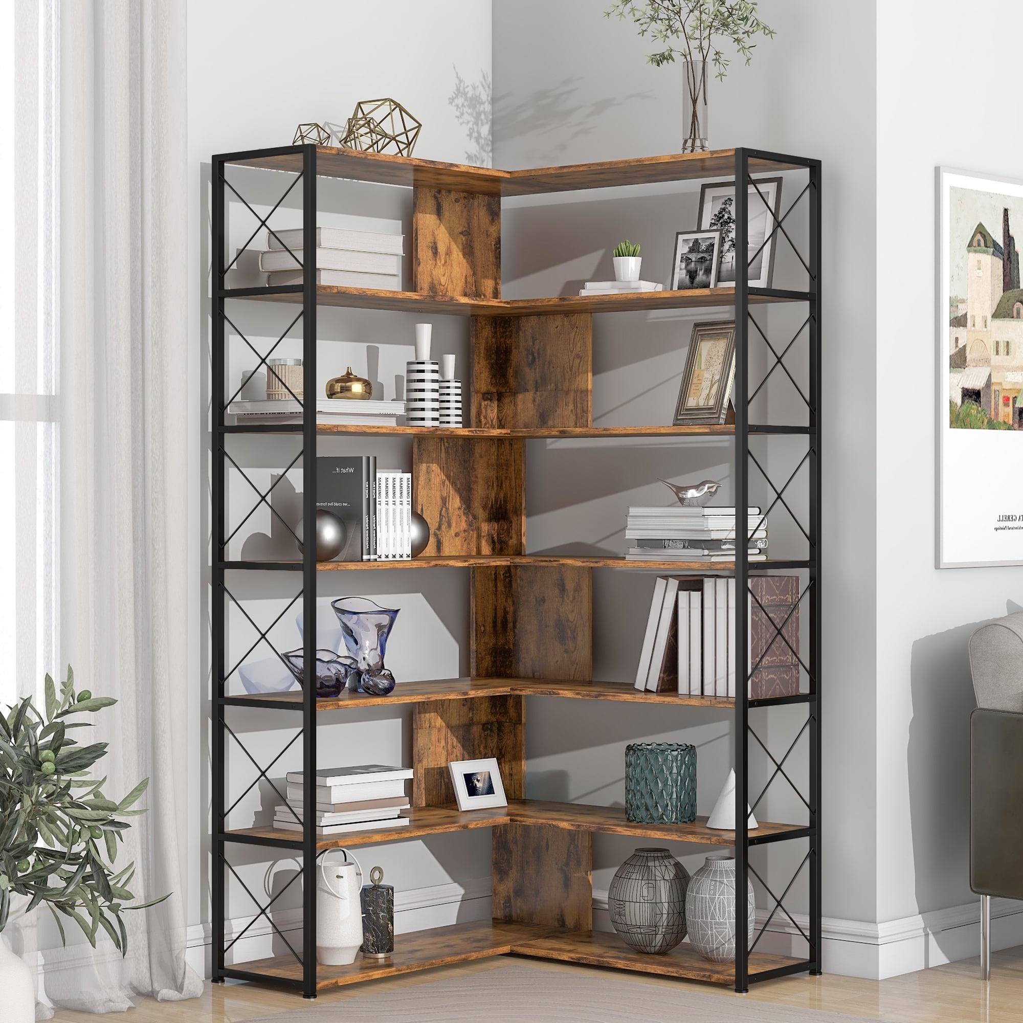 Euroco 7Tier Bookshelf with Metal Frame, LShaped Corner Bookcase with