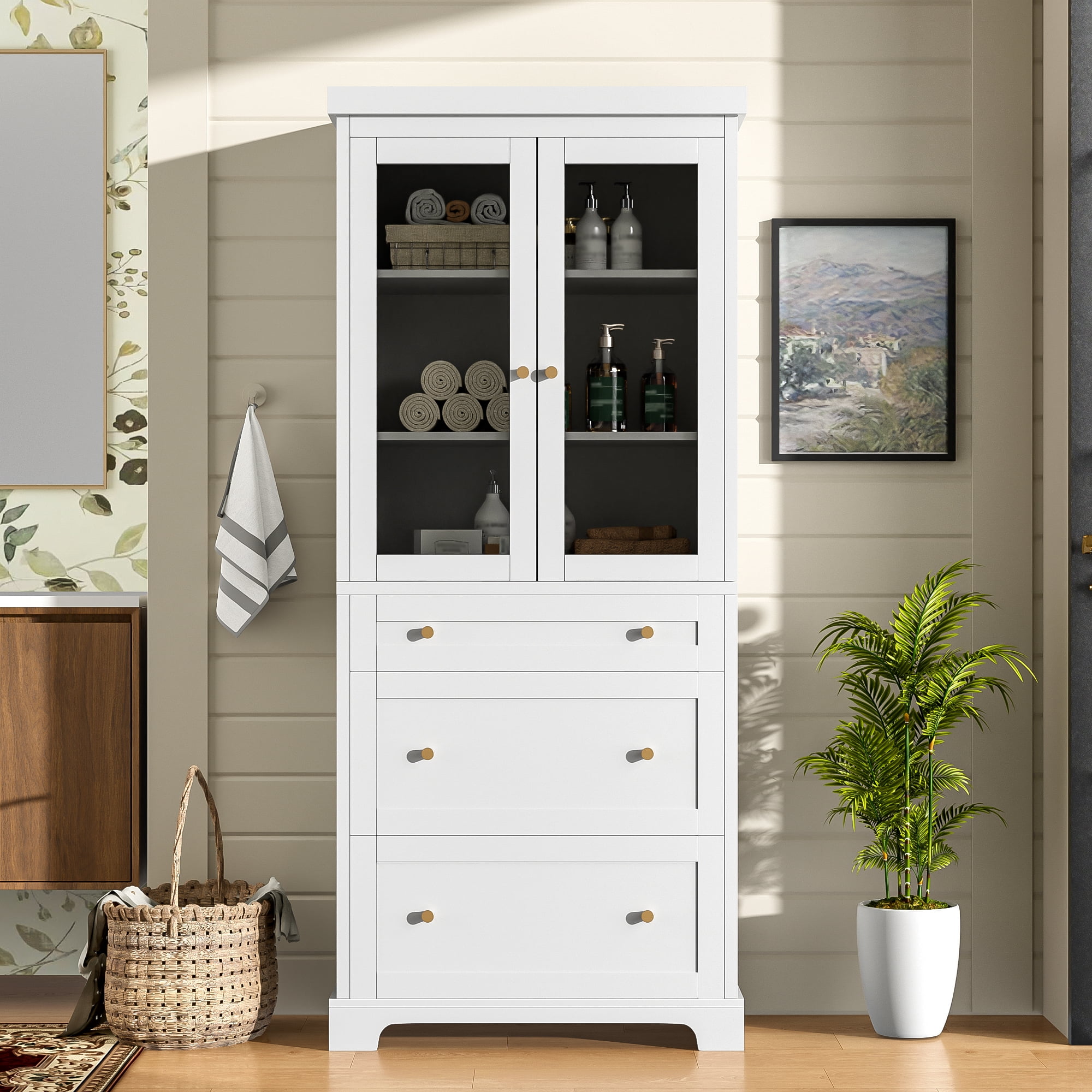 Euroco 70.1" Modern High Freestanding Tall Bathroom Cabinet with 2 Adjustable Shelves, 3 Drawers, Soft Close Glass Doors – Ideal for Bathroom, Living Room, Kitchen Storage
