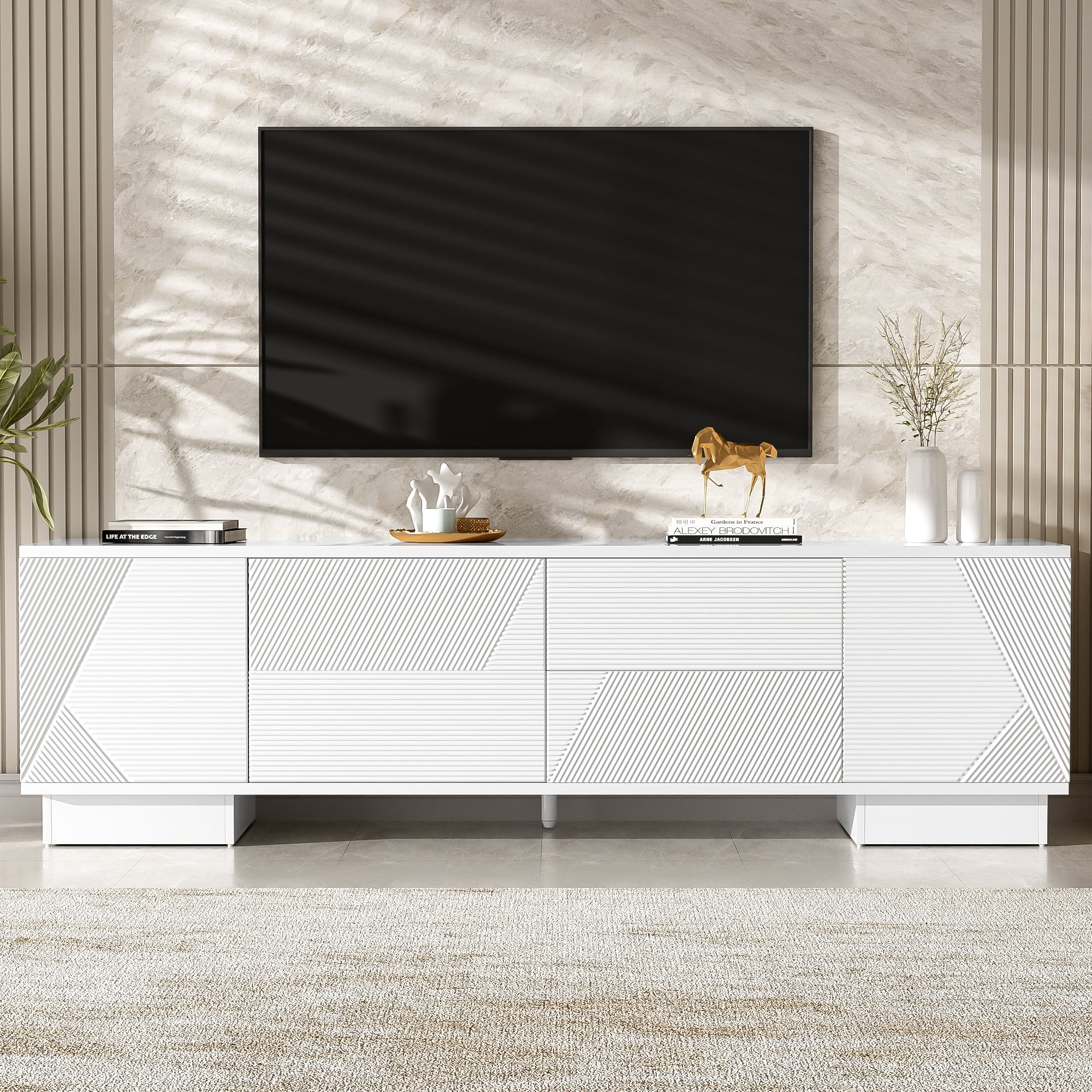 Euroco 70.8'' Modern TV Stand for TVs up to 75 Inches, Entertainment Center with Storage Cabinets, 4 Drawers and a Metal Center Leg, Minimalist Modern Media TV Console Table