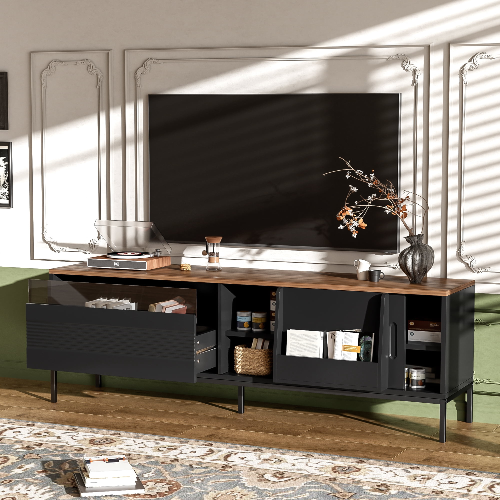 Euroco 70.8'' Modern TV Stand for TVs up to 75 Inches, Entertainment Center with Storage Space, Sliding Doors, Adjustable Shelves and Metal Frame, Mid Century Modern Media TV Console Table