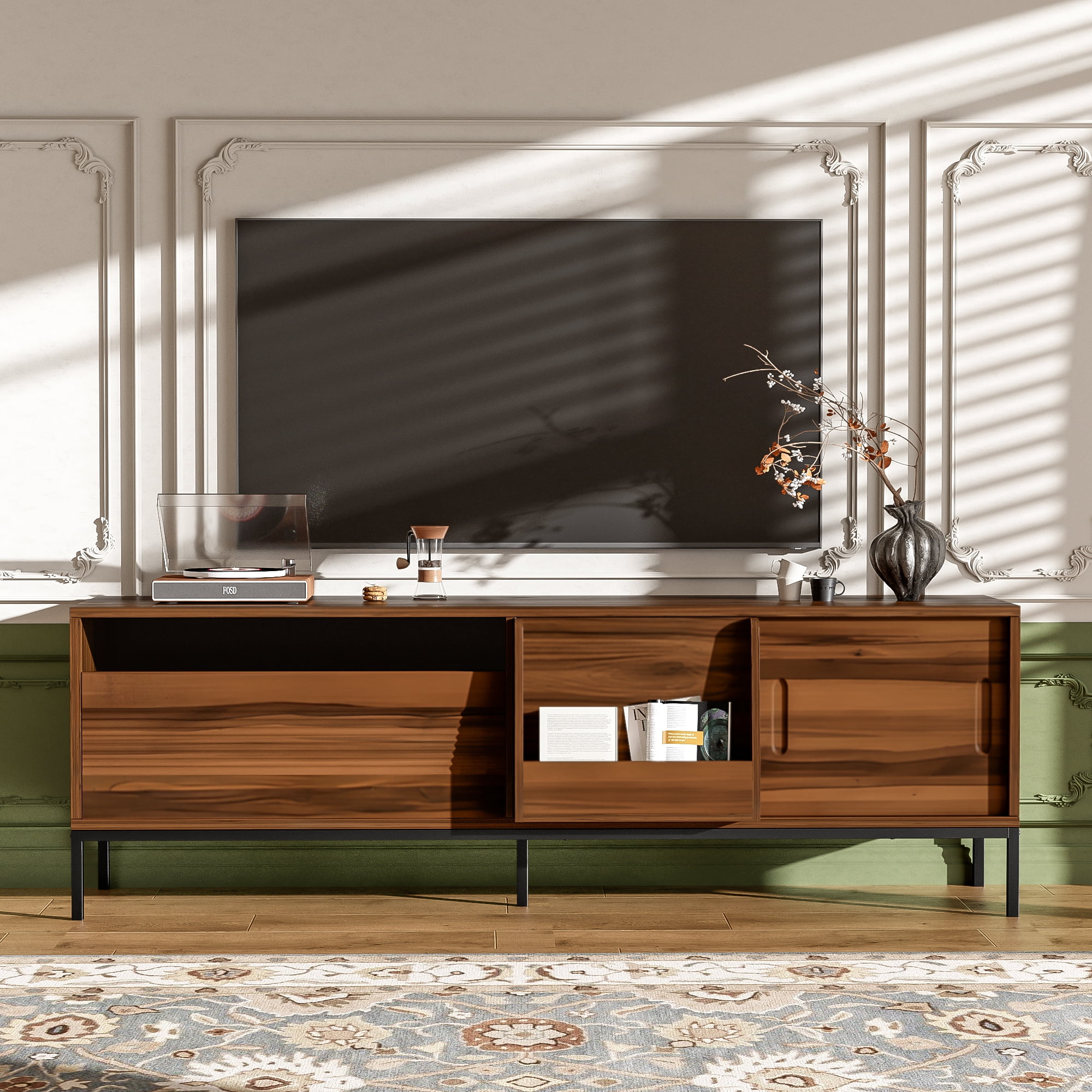 Euroco 70.8'' Modern TV Stand for TVs up to 75 Inches, Entertainment Center with Storage Space, Sliding Doors, Adjustable Shelves and Metal Frame, Mid Century Modern Media TV Console Table