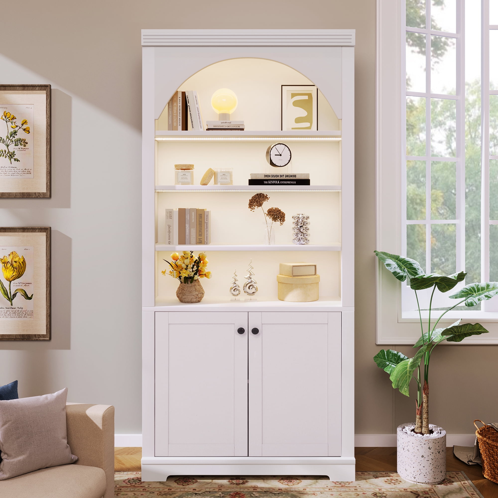 Euroco 70.8" Tall Bookcase with Doors,Mid-Century Modern 6-Tier Bookshelf with Storage,LED Lights & Adjustable Shelves,Display Shelf for Living Room,Kitchen,Home Office,White