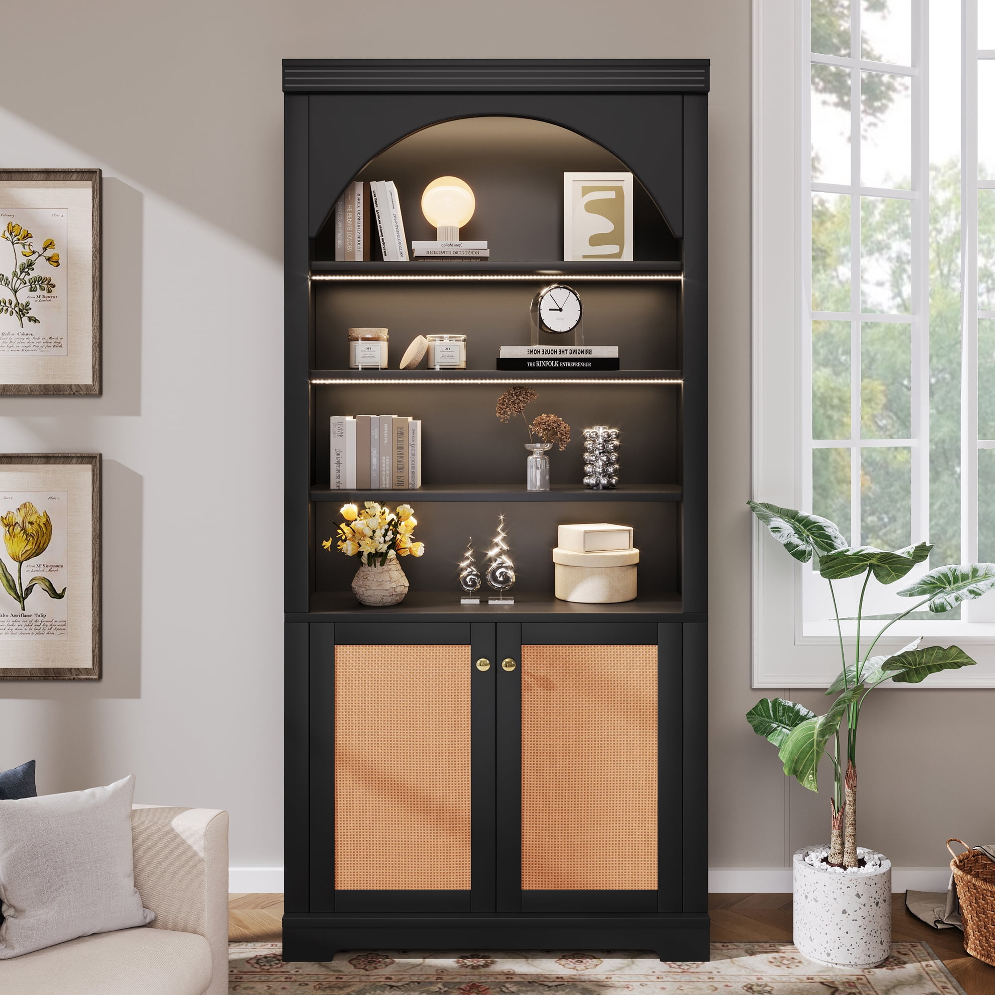 Euroco 70.8" Tall Bookcase with Rattan Doors,Mid-Century Modern 6-Tier Bookshelf with Storage,LED Lights & Adjustable Shelves,Display Shelf for Living Room,Kitchen,Home Office,Black